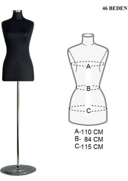 Siyah 46 Beden Metal Ayaklı Iğne Batabilen Terzi Mankeni