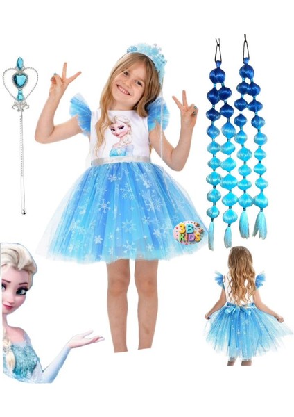 Karlar Ülkesi Elsa Kabaraık Kısa Elbise Kostüm Takımı Elsa Mavi Bubble Saç Elsa Taç Asa Seti