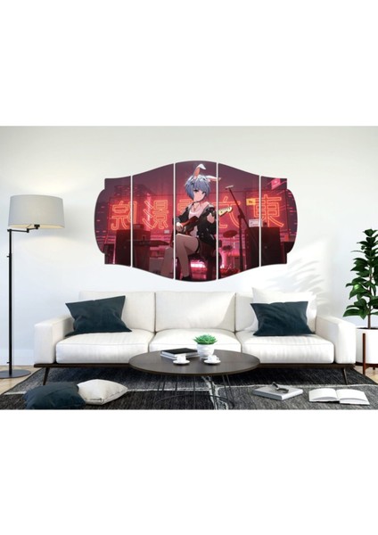 Kız Gitar Temalı Mdf Tablo, Canlı Kırmızı Renk, Modern Dekorasyon Parçası