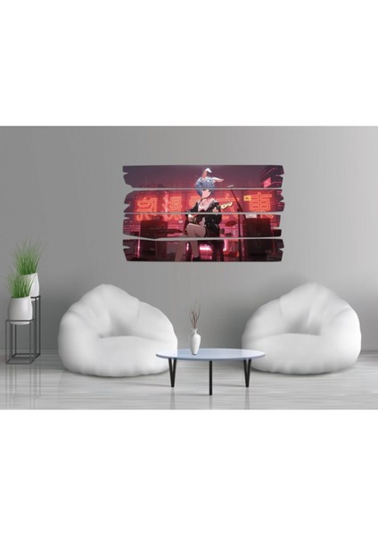 Turuncu Mdf Tablo, Müzik Aleti ve Kız Temalı, Vintage Dekorasyon Parçası