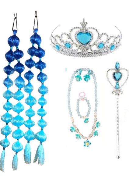 Elsaa Prenses Aksesuar Peruk Seti Mavi 2 Adet Bubble Saç + Taç + Asa + Kolye Takımı Seti Parti
