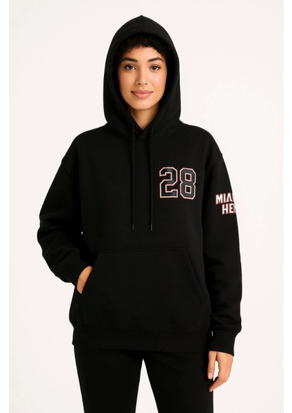 Üç Iplik Kapüşonlu Ön ve Arka Baskılı Sweatshirt Hoodie - Siyah