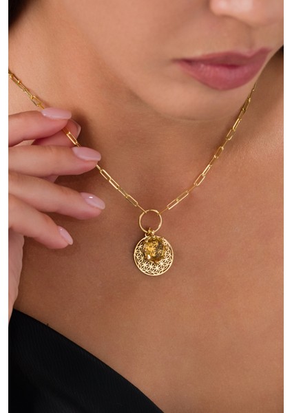 14 K Gold Kaplama 925 Ayar Gümüş Yaşam Çiçeği Doğal Sitrin Kolye