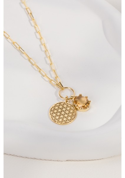 14 K Gold Kaplama 925 Ayar Gümüş Yaşam Çiçeği Doğal Sitrin Kolye fırsatları
