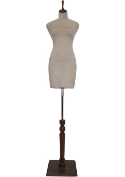Şık Kolsuz Ahşap Ayaklı Süet Kumaşlı Terzi Mankeni Bej Renk