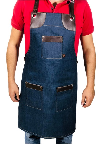 Deri Detaylı Kot Kasap ve Aşçı Şef Önlük Cepli Yeni Sezon Boyundan Askılı Önlük