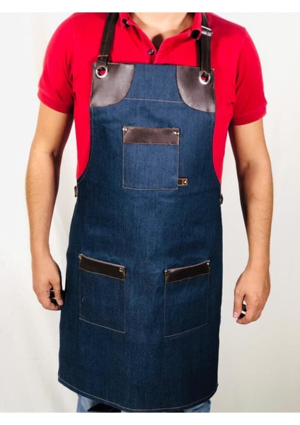Deri Detaylı Kot Kasap ve Aşçı Şef Önlük Cepli Yeni Sezon Boyundan Askılı Önlük modelleri