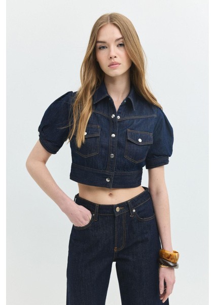 Regular Crop Fit Balon Kol Koyu Indigo Kadın Jean Ceket