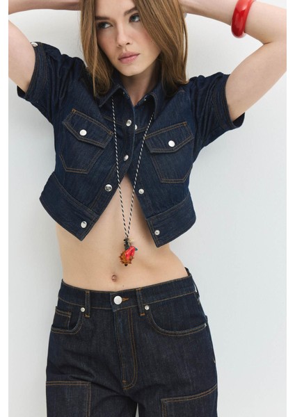 Regular Crop Fit Balon Kol Koyu Indigo Kadın Jean Ceket fırsatları