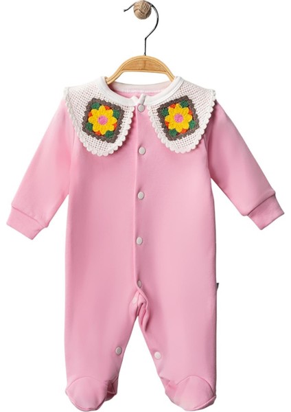 Pembe Çiçek Örgü Yakalı Tulum 3 Ay,6 Ay Kız Bebek