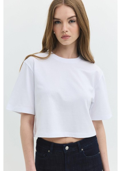 Oversize Crop Fit Bisiklet Yaka Beyaz Kadın T-Shirt