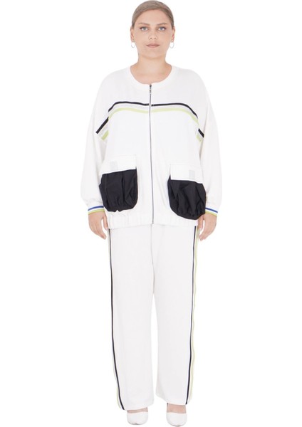 Kadın Büyük Beden Beyaz Uzun Kollu Alt Üst İkili Takım