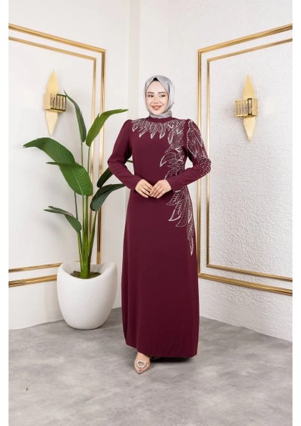 Taş Detaylı Bordo Renk Tesettür Abiye Elbise