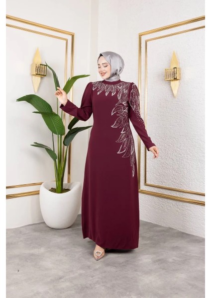 Taş Detaylı Bordo Renk Tesettür Abiye Elbise fiyatları