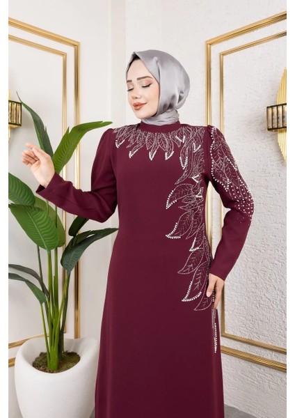 Taş Detaylı Bordo Renk Tesettür Abiye Elbise modelleri