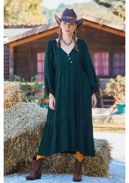 Kat Detaylı Balon Kol Uzun Elbise fiyatları