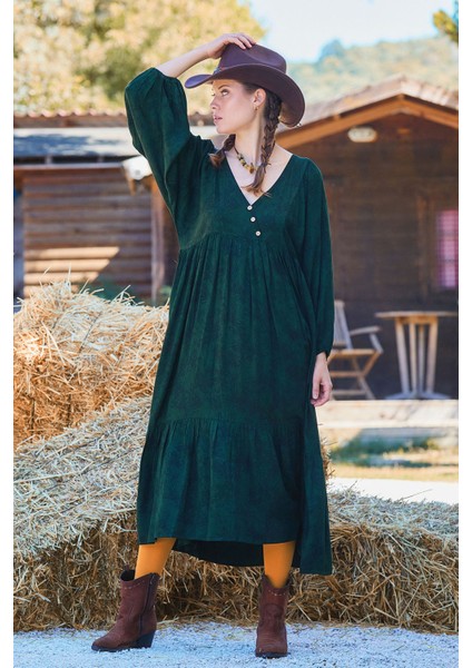 Kat Detaylı Balon Kol Uzun Elbise modelleri