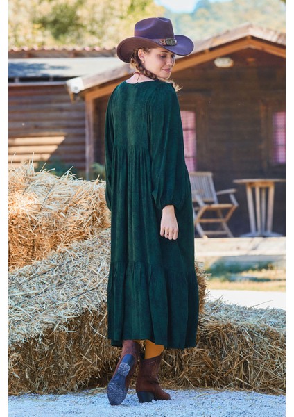 Kat Detaylı Balon Kol Uzun Elbise indirimleri