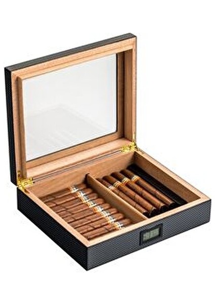 Karbon Fiber Siyah Camlı Kısa Humidor Puro Kutusu Sedir Ağacı 26x22 cm fırsatları
