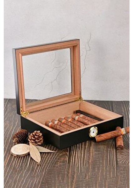 Siyah Camlı Kısa Humidor Puro Kutusu Sedir Ağacı ile Şık Tasarım RC06SY indirimleri