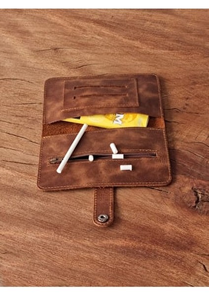 Çıtçıtlı Tütün Kesesi Gerçek Deri Şık Tasarım 20 x 17 cm Kahverengi Renk