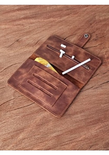 Çıtçıtlı Tütün Kesesi Gerçek Deri Şık Tasarım 20 x 17 cm Kahverengi Renk