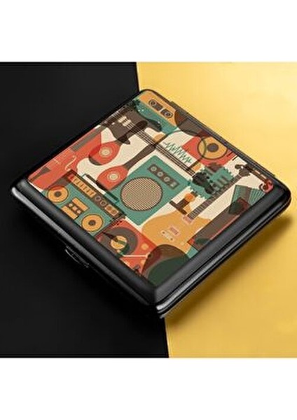 Şık Hediye Seçeneği Müzik Temalı Sigara Tabakası Mat Siyah Metal 20 Adet Kapasite 95 x 90 mm