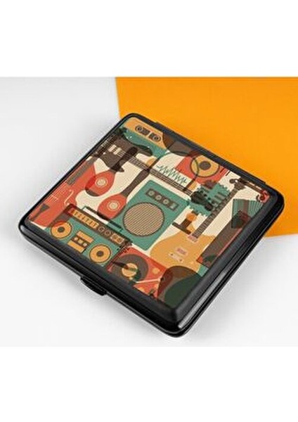 Şık Hediye Seçeneği Müzik Temalı Sigara Tabakası Mat Siyah Metal 20 Adet Kapasite 95 x 90 mm