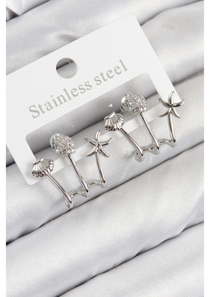 Bfs Pirinç Zirkon Taşlı Deniz Yıldızı ve Istiridye Model Gümüş Renk Kadın Küpe