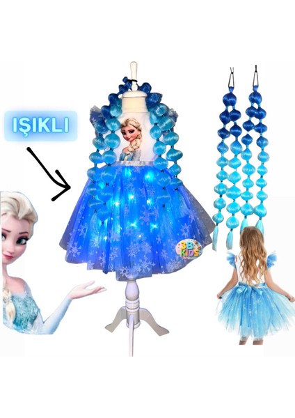 Elsa Işıklı Elbise Kostüm + Elsa Mavi Peruk Bubble Saç Seti Doğum Günü Parti Düğün Davet Özel Gün