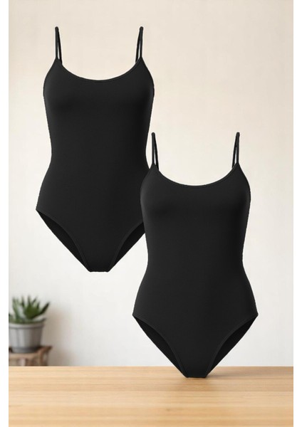 Kadın Pamuklu Likralı Penye Ince Askılı Siyah 2'li Çıtçıtlı Body