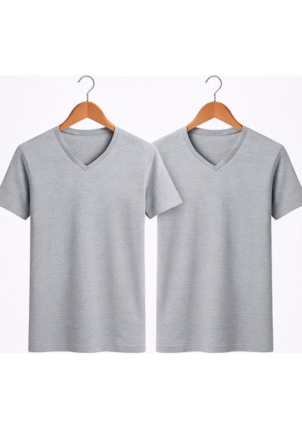 Erkek Pamuklu 2'li V Yaka Gri Fanila Atlet Q2İ1K2L3KK.2L