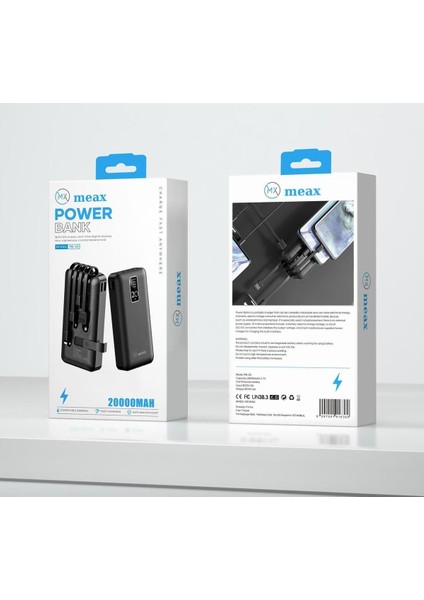 , Taşınabilir Batarya,power Bank 20000 Mah Hızlı Şarj,led Ekranlı,kendinden Kablolu, Pb-20