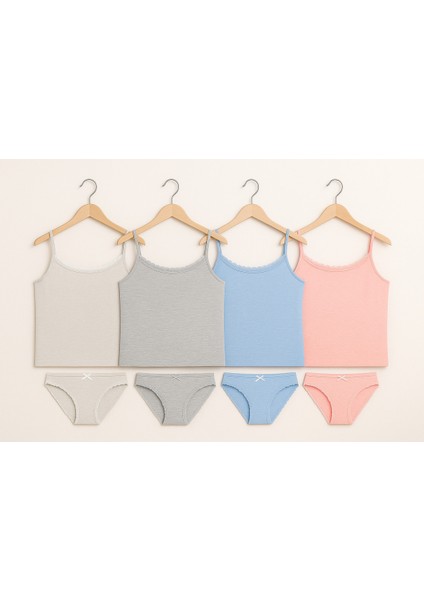 Kadın Pembe&mavi&açık Gri&koyu Gri Melanj Likralı Pamuklu 4'lü Ip Askılı Atlet Slip Külot Set