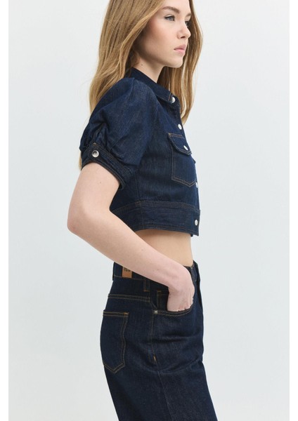 Regular Crop Fit Balon Kol Koyu Indigo Kadın Jean Ceket fiyatları