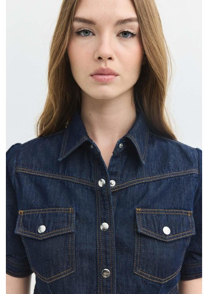 Regular Crop Fit Balon Kol Koyu Indigo Kadın Jean Ceket modelleri