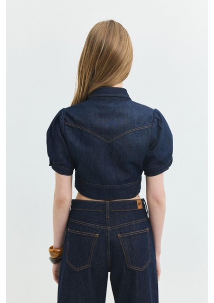 Regular Crop Fit Balon Kol Koyu Indigo Kadın Jean Ceket indirimleri