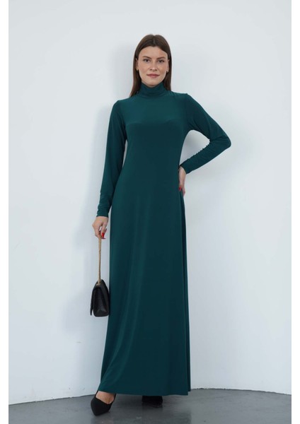 Dora Kadın Maxi Boy Balıkçı Yaka Sandy Elbise-Zümrüt Yeşil