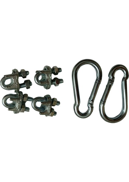 A Tipi 4 Adet 6 mm Çelik Halat Kelepçesi + 2 Adet 6 cm Çelik Karabina Seti