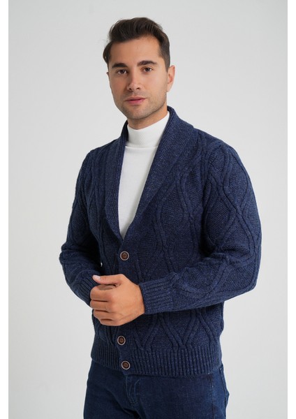 Erkek Yürütme Baklava Desen Şal Yaka Düğmeli Yün Hırka TRIST-5359