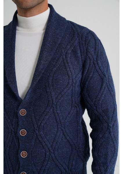 Erkek Yürütme Baklava Desen Şal Yaka Düğmeli Yün Hırka TRIST-5359