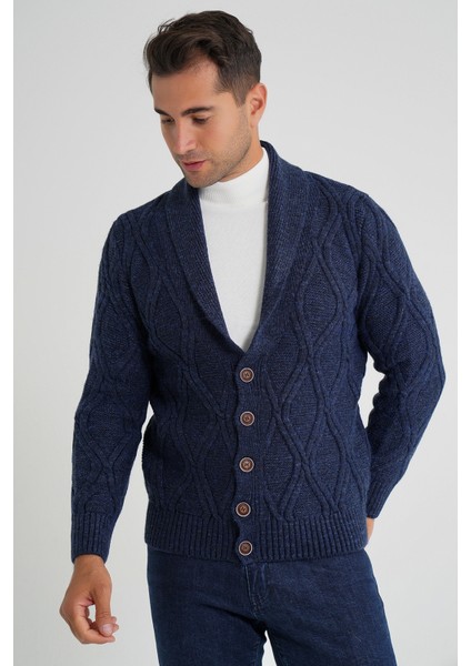 Erkek Yürütme Baklava Desen Şal Yaka Düğmeli Yün Hırka TRIST-5359