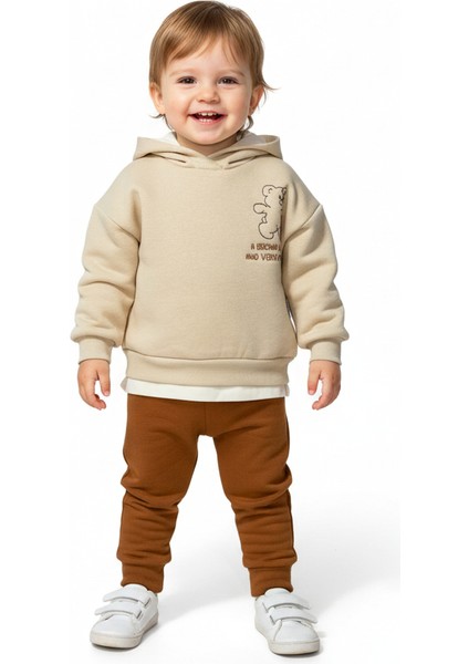 Çocuk Ayıcık Desenli Kapüşonlu Eşofman Takımı