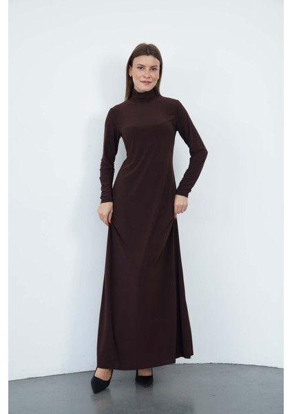 Dora Kadın Maxi Boy Balıkçı Yaka Sandy Elbise-Kahverengi