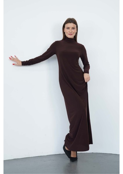 Dora Kadın Maxi Boy Balıkçı Yaka Sandy Elbise-Kahverengi modelleri