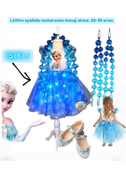 Elsa Işıklı Elbise Kostüm Elsa Peruk Mavi Bubble Saç Elsa Babet Doğum Günü Parti Seti