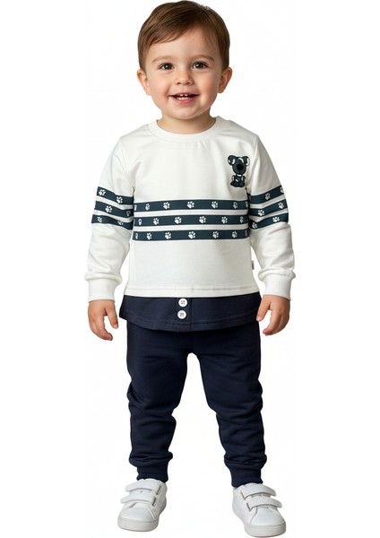 Erkek Bebek Hayvan Figürlü Düğme Detaylı Pamuklu 2'li Alt Üst Takım