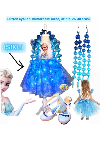 Elsa Işıklı Elbise Kostüm Elsa Mavi Peruk Bubble Saç Elsa Topuklu Ayakkabı Doğum Günü Parti