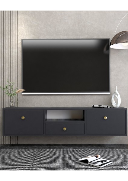 1301DROPCT-1 Duvara Montaj Tv Sehpası Antrasit-Altın Kulp