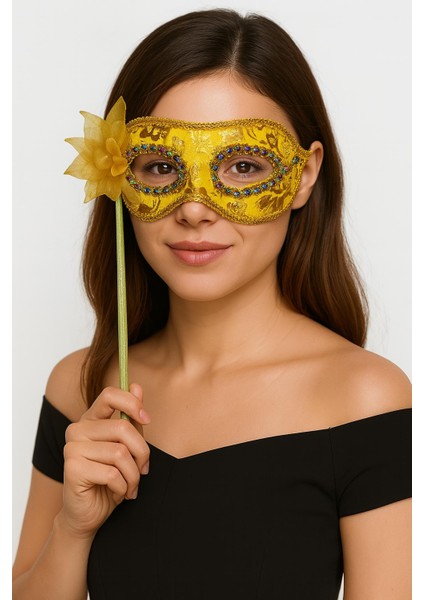 Lüks Taşlı Saplı Maskeli Balo Maskesi Altın Renk 35 cm (5313)